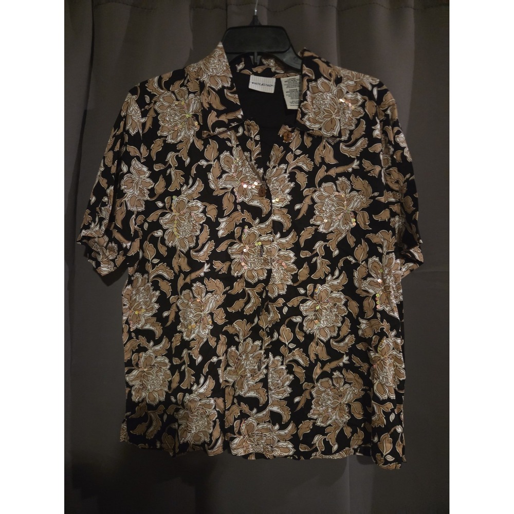 WHITE STAG Black Brown FLORAL FLOWERS SHIRT TOP BLOUSE WOMENS Medium, Sequins